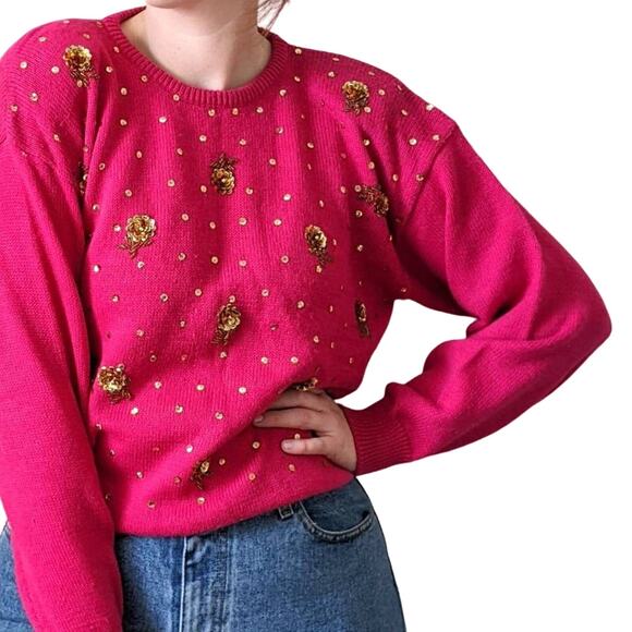 Vintage 80s 90s Pink Gold Sequins Sequined Floral Crewneck Funky Sweater 1980s L - Picture 1 of 11